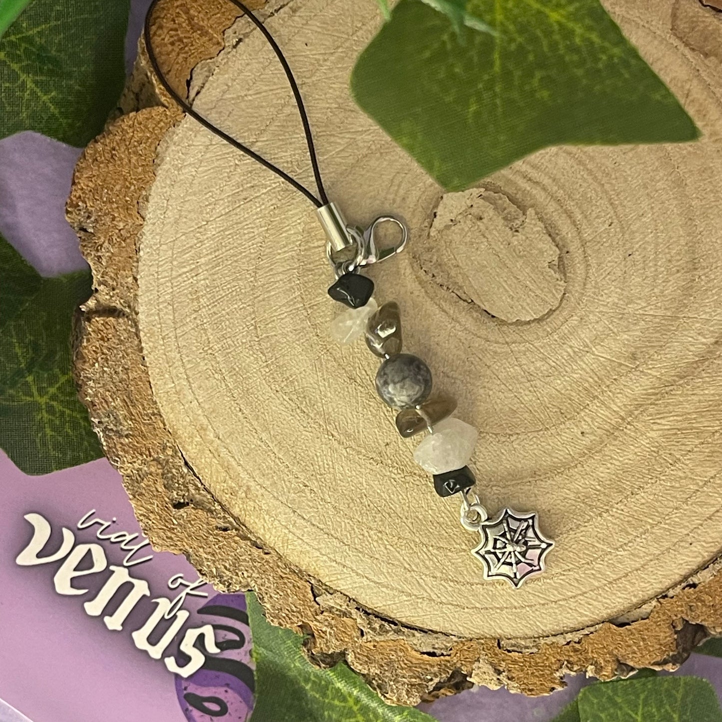 spider web phone charm (moss agate, smokey quartz, black obsidian, tourmalinated quartz)