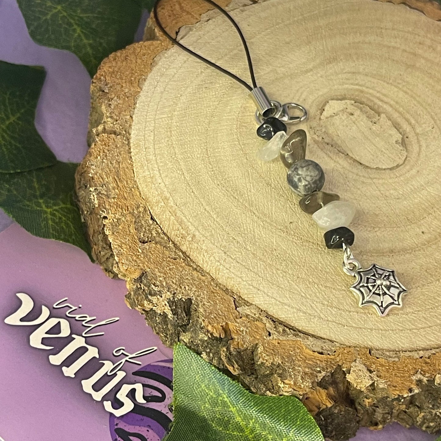 spider web phone charm (moss agate, smokey quartz, black obsidian, tourmalinated quartz)