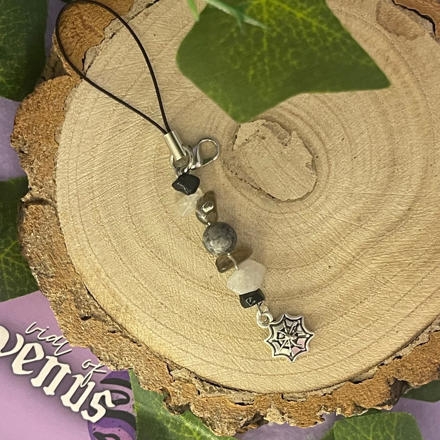 spider web phone charm (moss agate, smokey quartz, black obsidian, tourmalinated quartz)