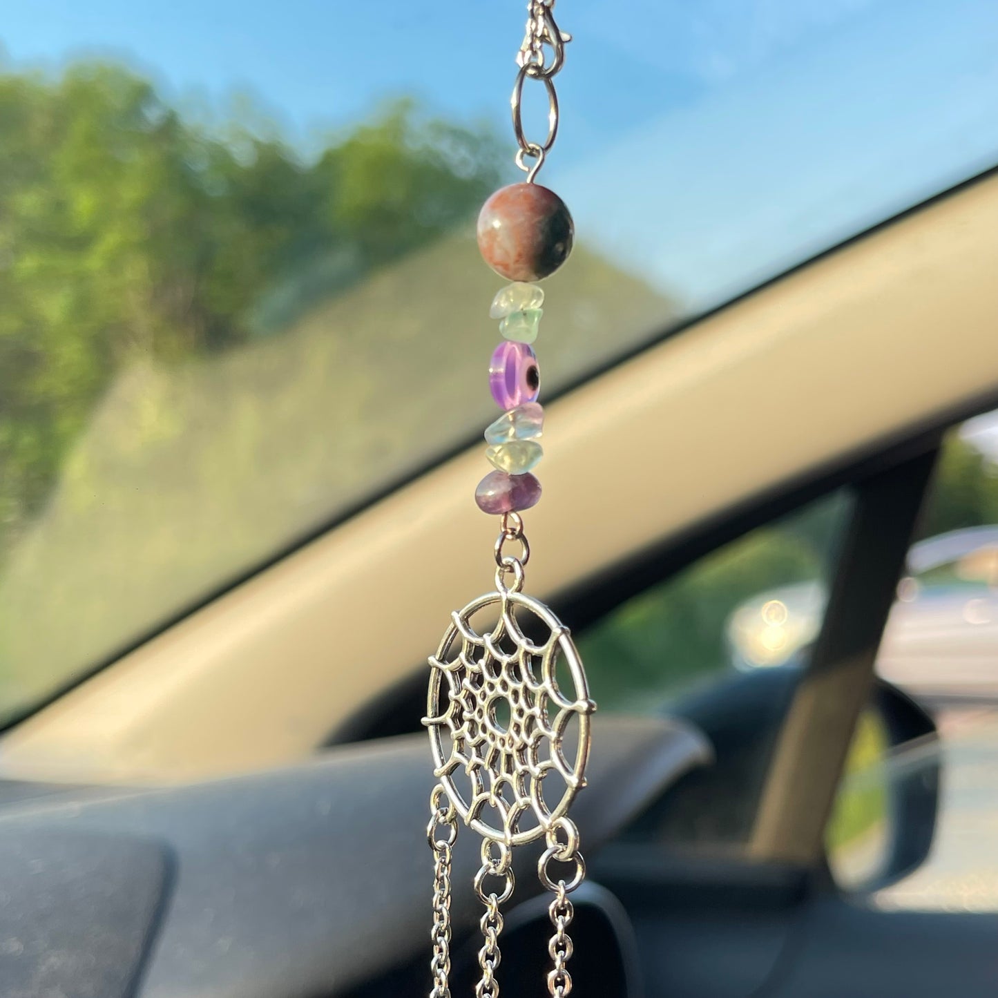 clear mind car charm - fluorite, moss agate & amethyst