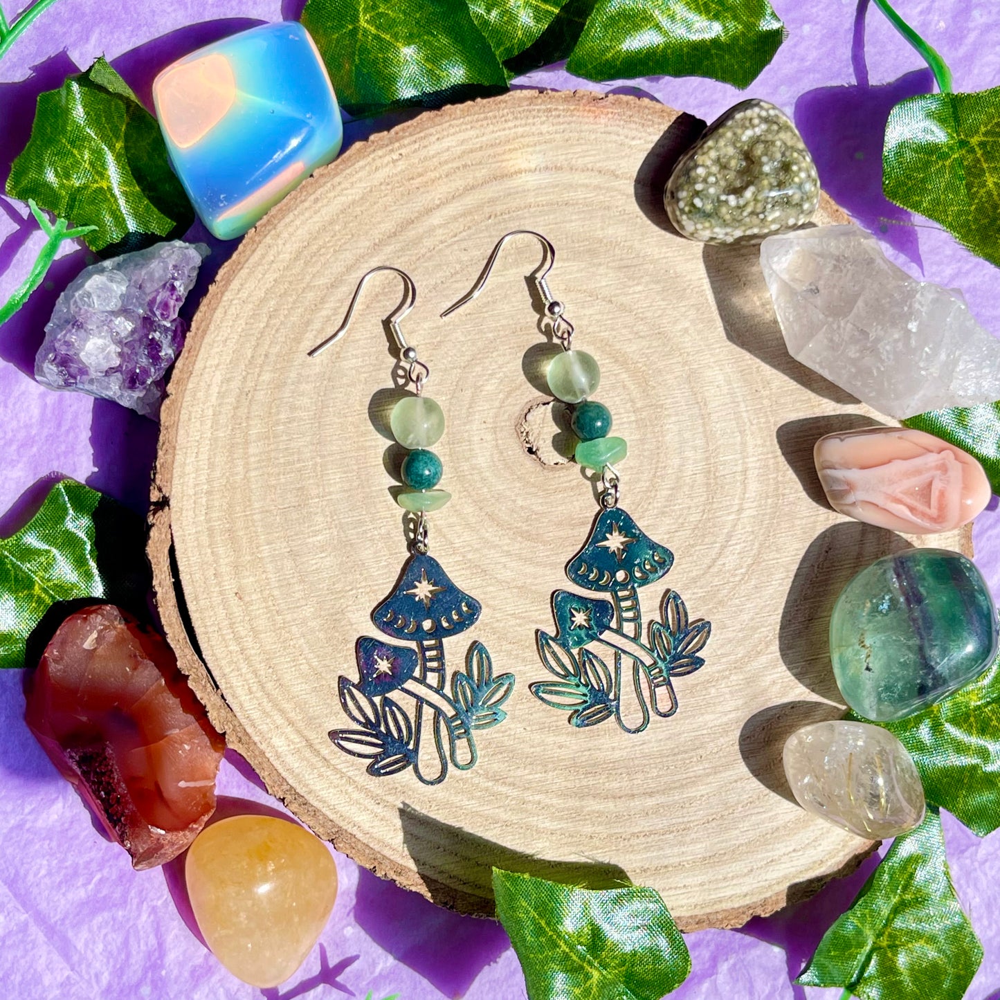 mushroom garden - fluorite, moss agate & green aventurine on 925 hooks