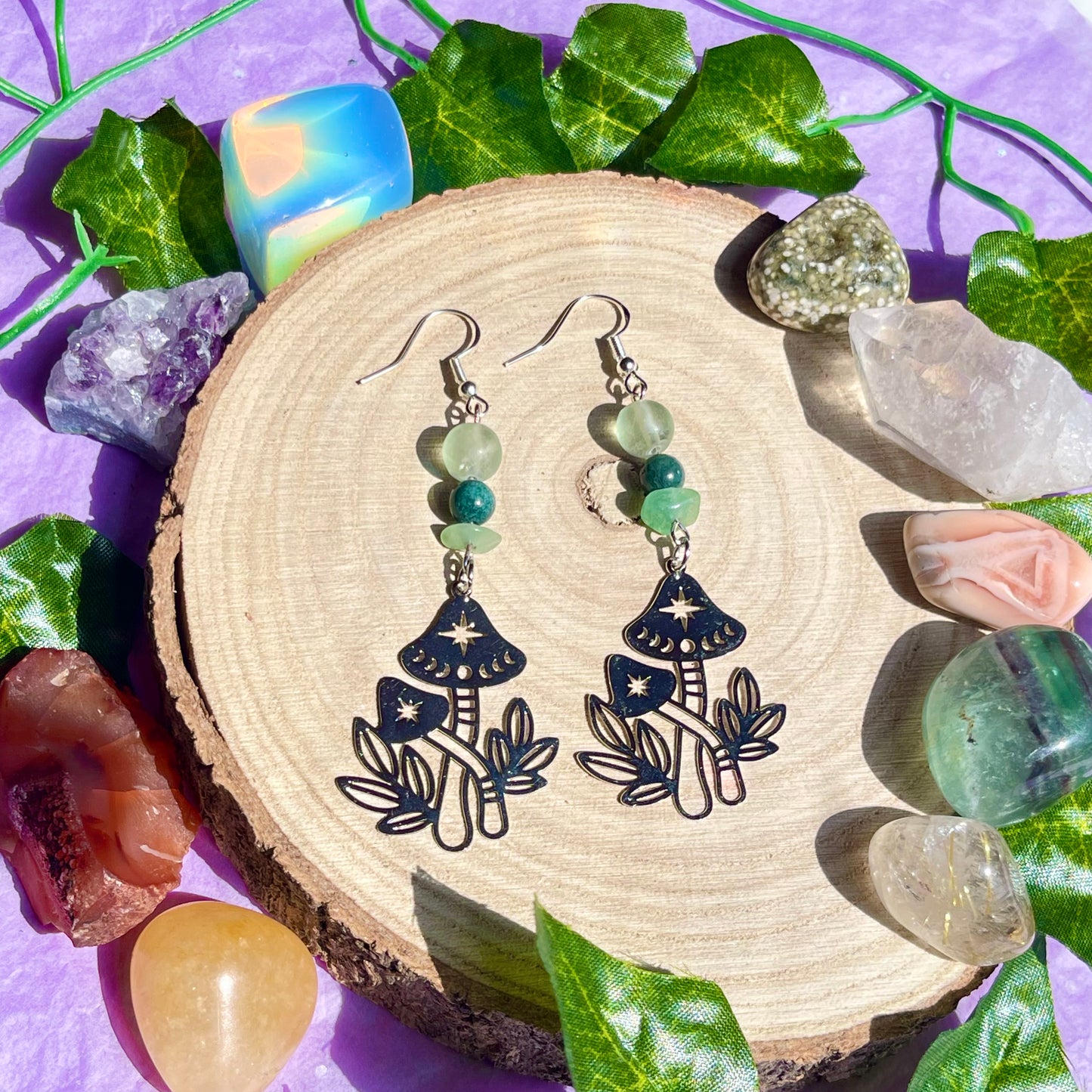 mushroom garden - fluorite, moss agate & green aventurine on 925 hooks