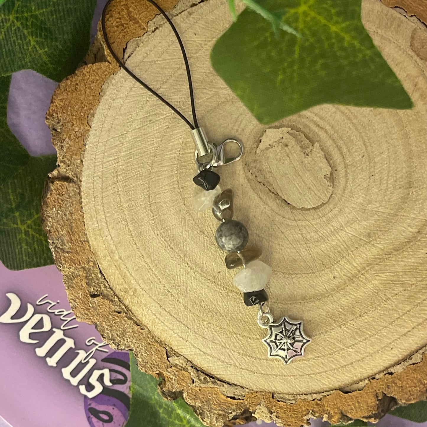 spider web phone charm (moss agate, smokey quartz, black obsidian, tourmalinated quartz)