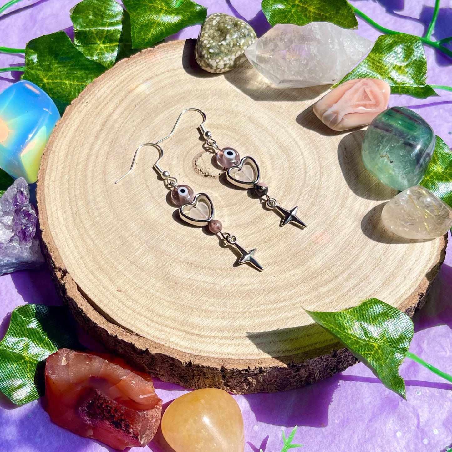 heart eyes earrings - rose quartz & rhodonite on 925 hooks