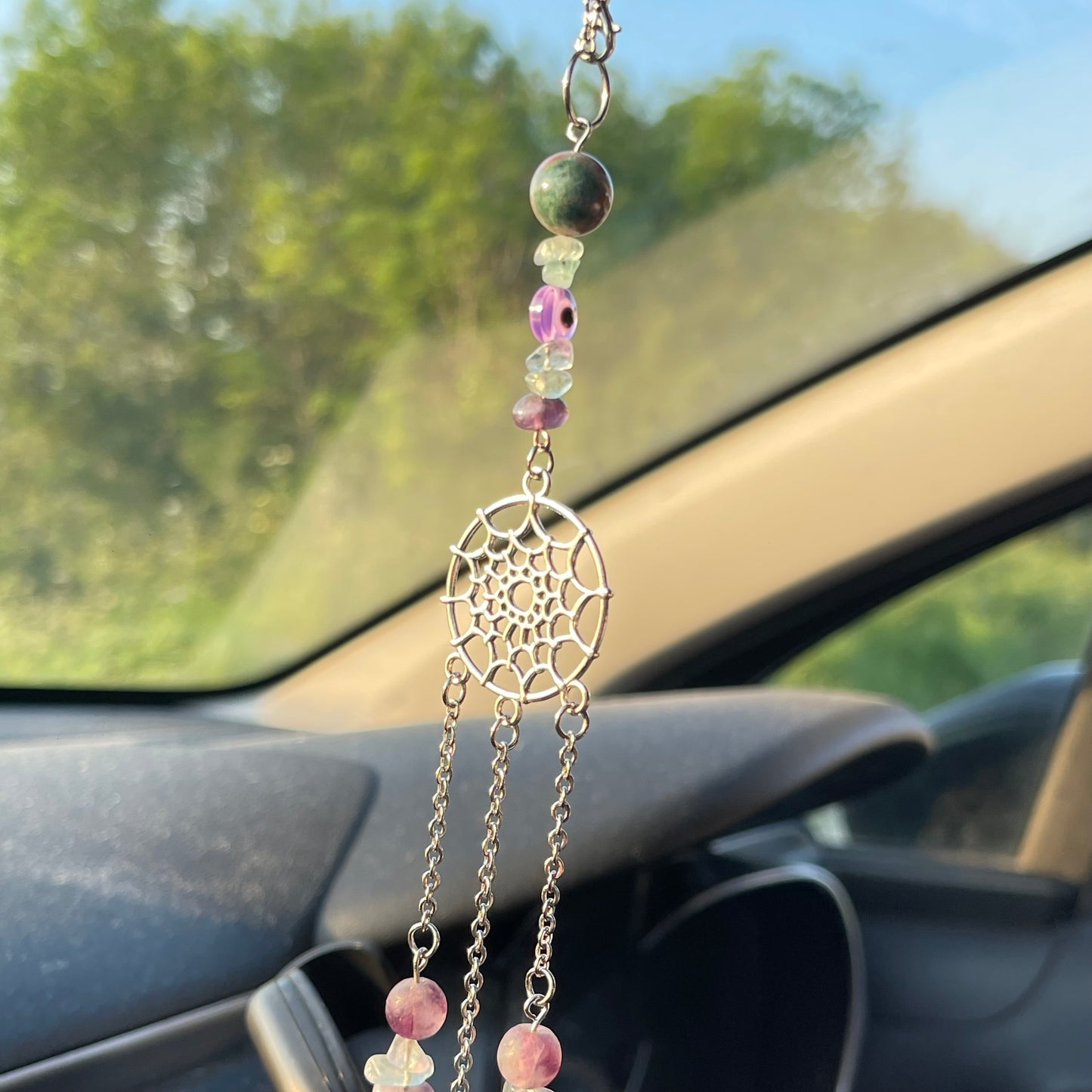 clear mind car charm - fluorite, moss agate & amethyst