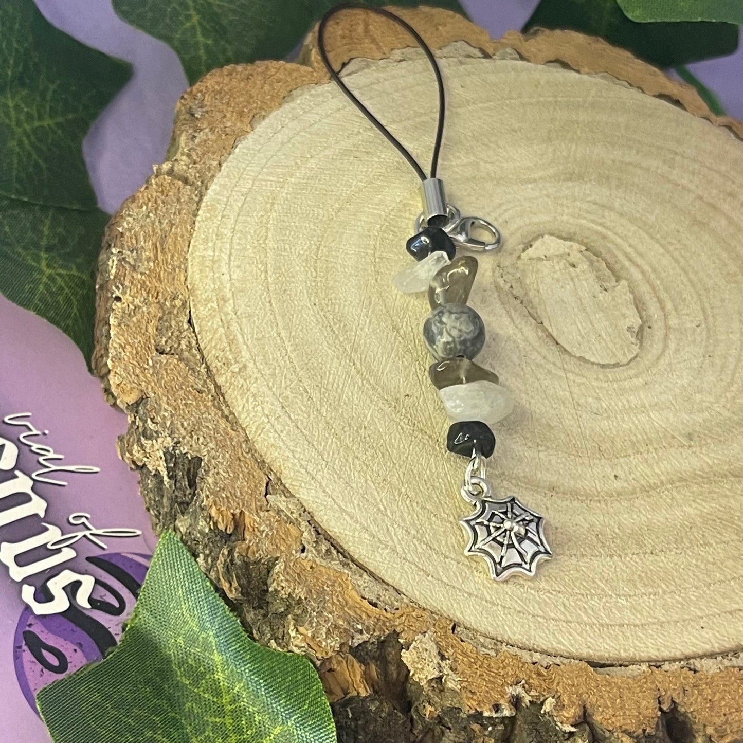 spider web phone charm (moss agate, smokey quartz, black obsidian, tourmalinated quartz)