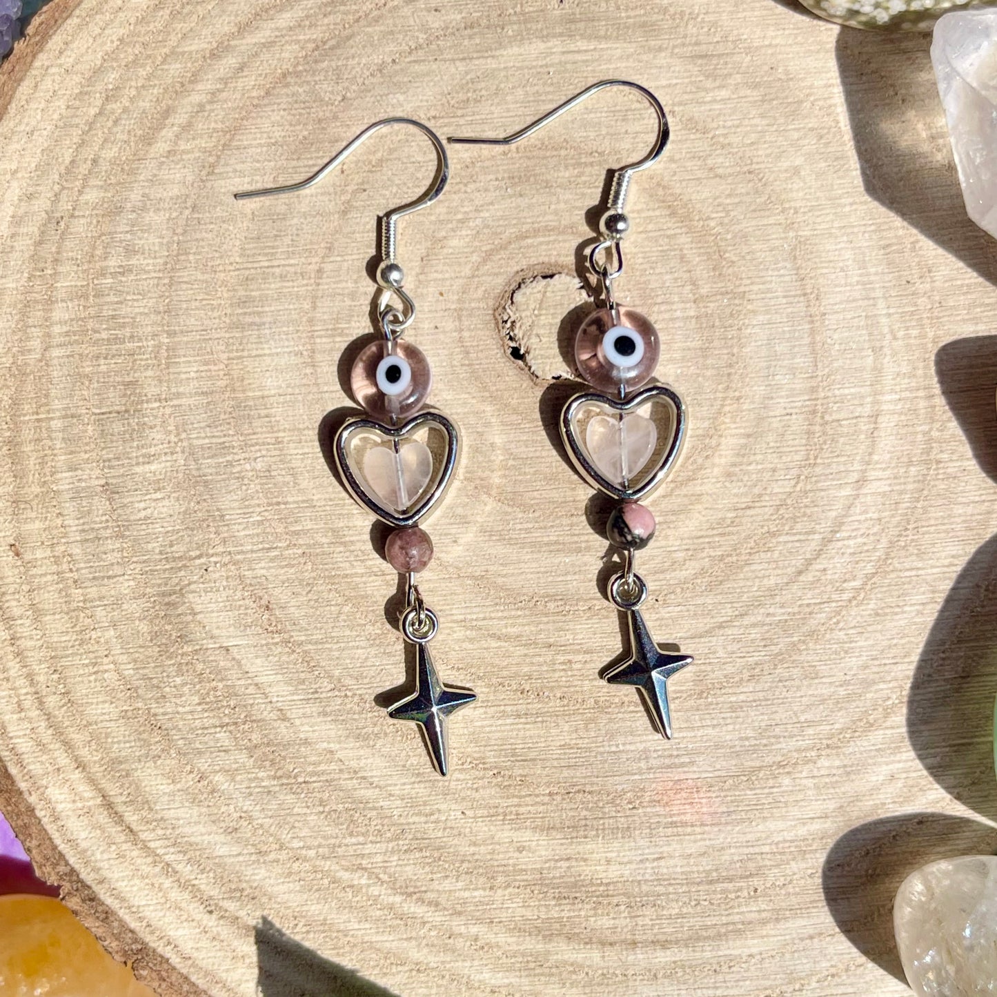 heart eyes earrings - rose quartz & rhodonite on 925 hooks